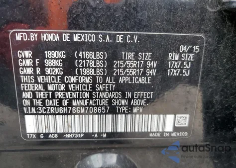 2016 Honda Hr-V Exl из США, поврежденный, VIN 3CZRU6H76GM708657